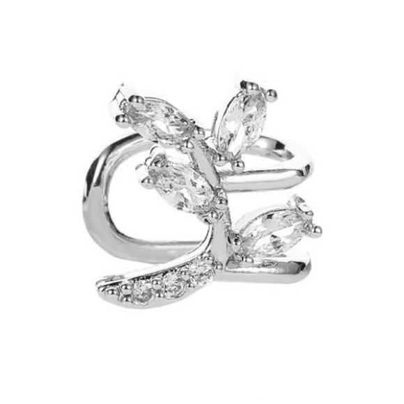 Leaves Curved Diamond Clip Earrings, Silver - Picture 4 of 5